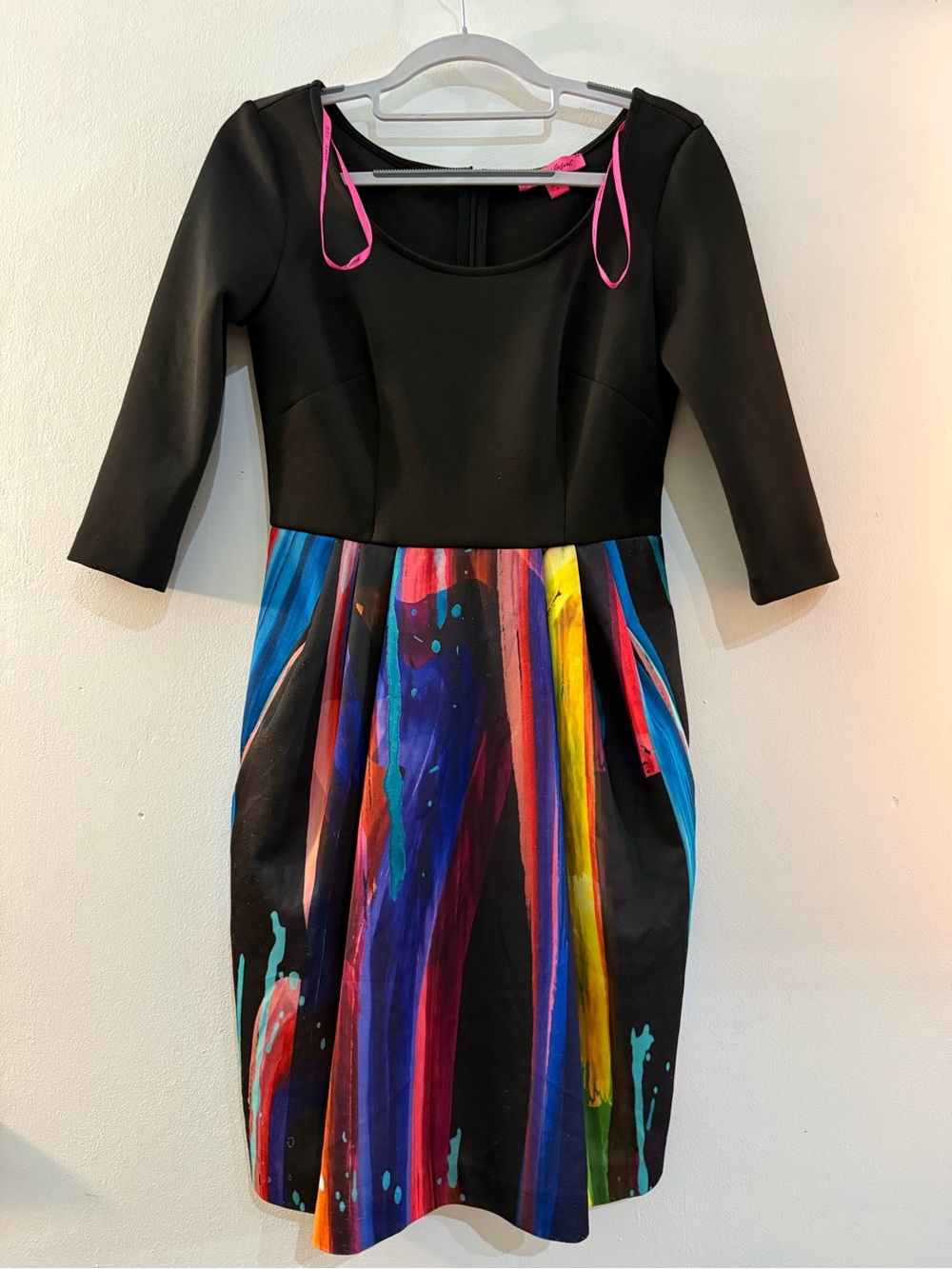 Betsey Johnson Vintage Black Dress with Multicolor Paint-Stroke Skirt